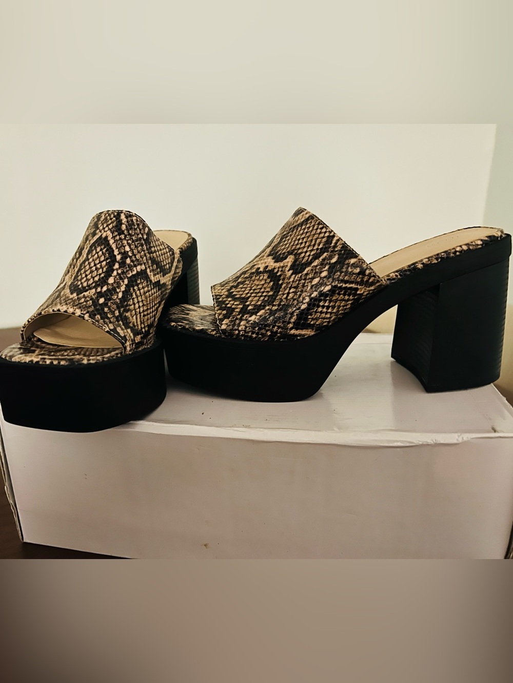 Urban Outfitters Snake-Print Platform Slide Mules in Black and Tan